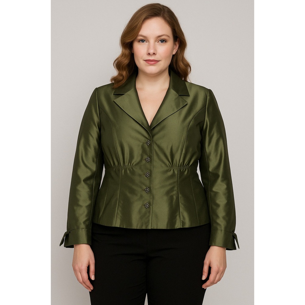 Victor Costa Women Formal Top‎ 12 Olive Green Satin Sheen Cinch Waist Old Money
